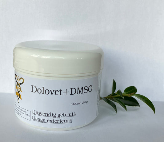 Dolovet + DMSO 250 g pot natuurlijke gel om herstel van spieren, pezen, botproblemen en dikke benen te bevorderen bij paarden